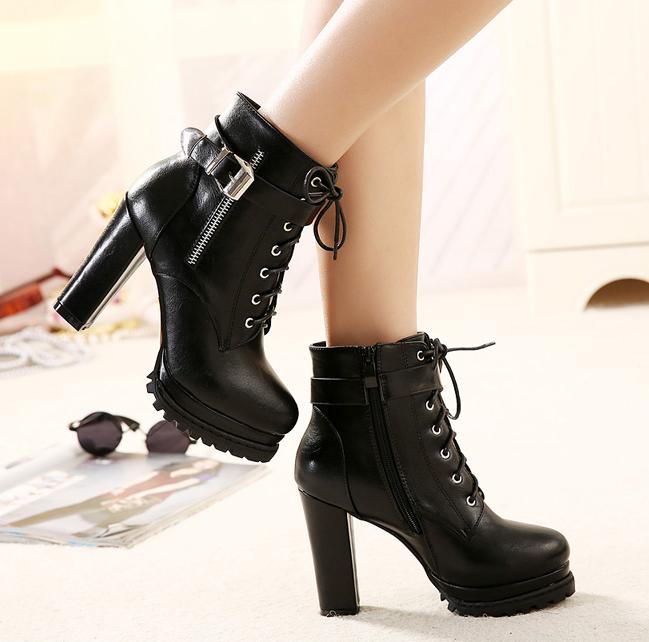 

Hot Sale-Trendy Black PU Leather Wth Zip Buckles Thick High Heels Platform Ankle Boots Women Winter Add Plush Size 34 To 39