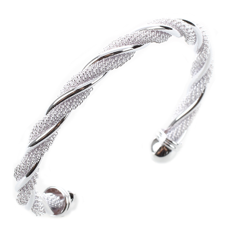 

Silver Plated Bangle Braided Mesh Open Ended Fashion Jewelry