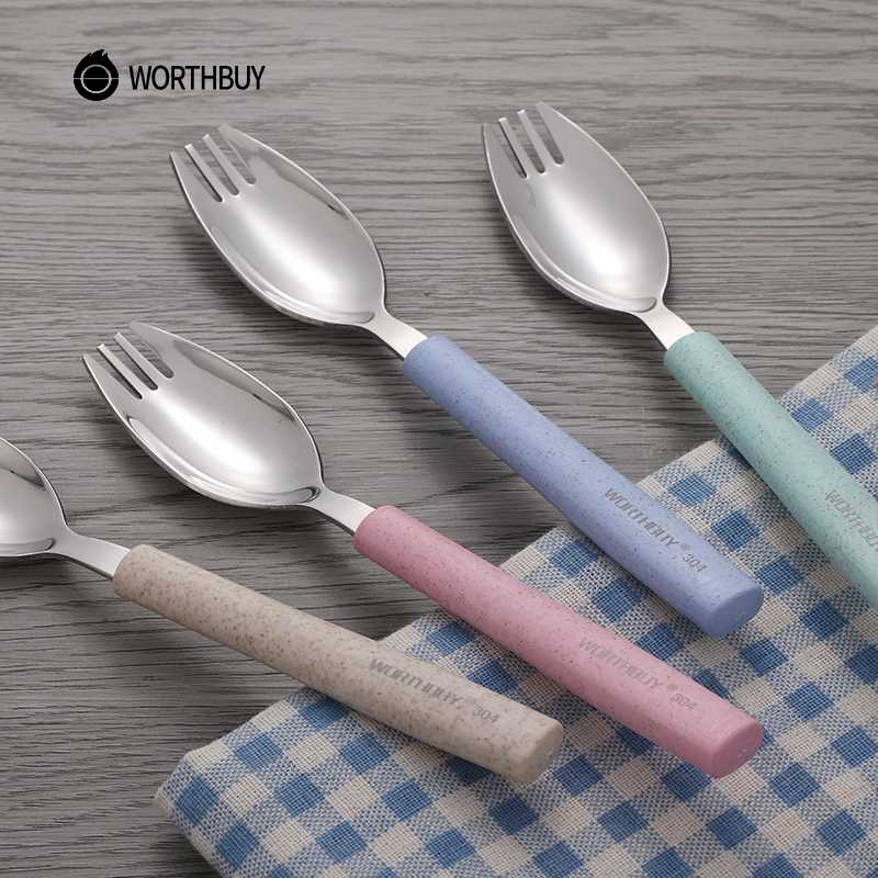 

WORTHBUY Multifunctional Dinner Fork Spoon 304 Stainless Steel Dessert Fruit Fork With Wheat Straw Handle Kitchen Picks