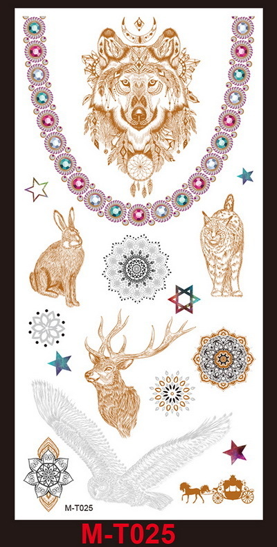 Acheter 1sheet Couleur Or Temporaire Flash Métal Autocollant De Tatouage Visage Ras Du Cou éléphant Beauté Papillon Plume Amour Femmes Henné Body Art