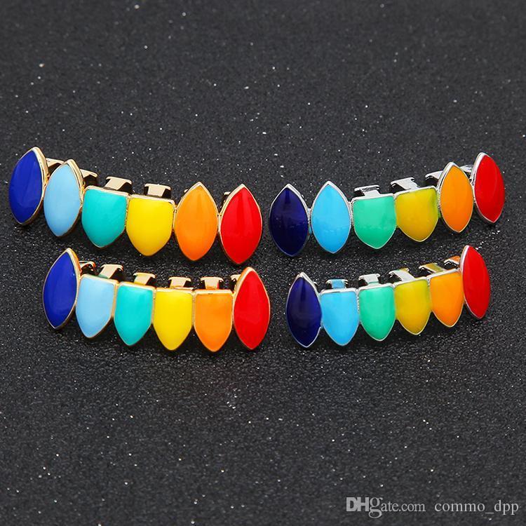 

Hip Hop Rainbow Teeth Grillz Top & Bottom Fale Grills Dental Gold Silver Tooth Caps For Women & Men Halloween Body Jewerly With Box