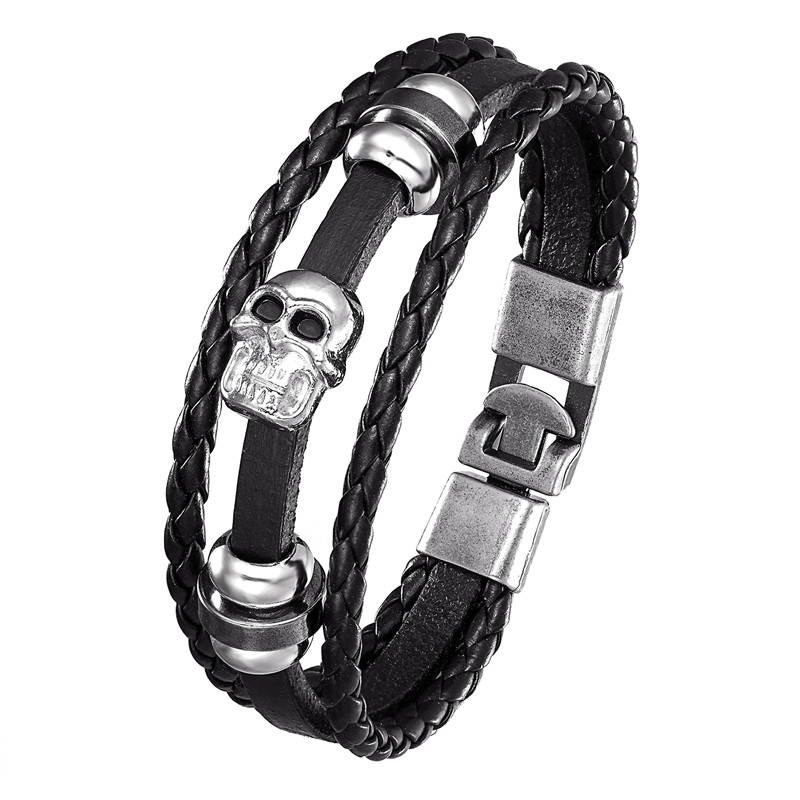 

2020 New Vintage Leather Bracelet Men's Alloy Skull Multilayer Woven Ladies Pulseira Masculina