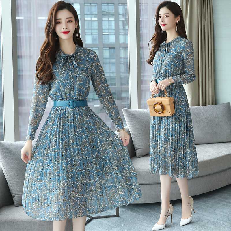 

Summer Women' Vintage Chiffon Flower Midi Dress Large Size Maxi 2020 New Bohemian Dress Elegant Long Sleeve A-Line, Blue