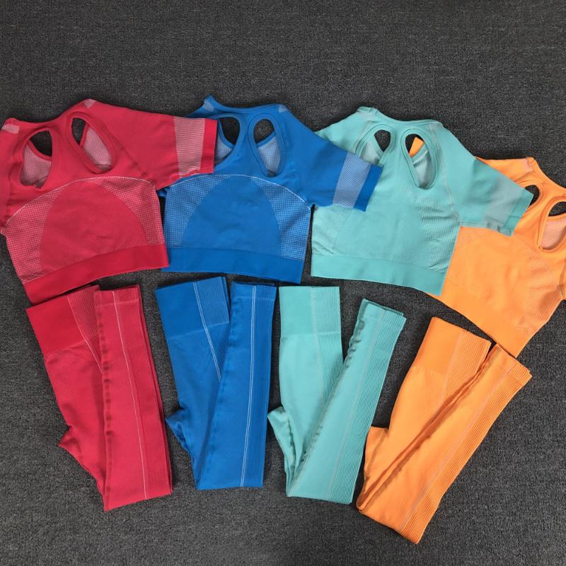 

Ultra Seamless Yoga Set Women Fitness Clothing Workout Sportswear Gym Leggings Short Sleeve Crop Top Shirts 2Pcs Sports Suit, Blue top