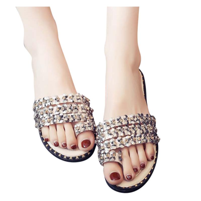 

Sagace Women Sandals 2020 Flat Summer Ladies Fashion Rhinestone Wear Casual Beach Comfortable Non-slip Flip Flops Slippers, Beige