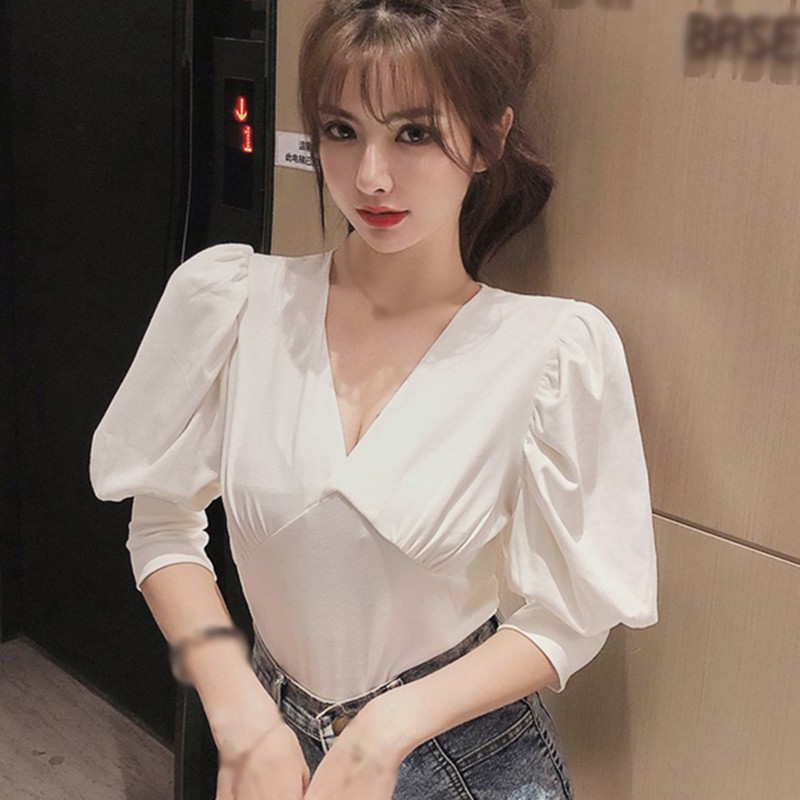 

Sexy Women Summer Shirt Female Girl Blouses Fashion Women Tops Short Puff Sleeve V-neck Tops Shirts Korean Style 2020, Orange