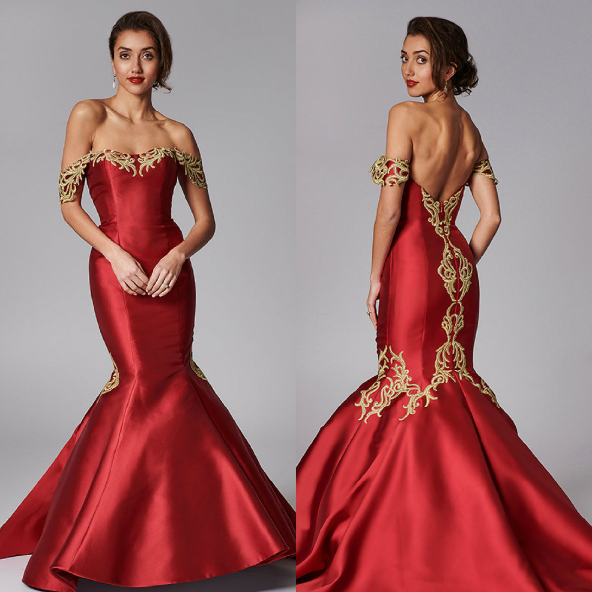 

Mermaid Evening Dresses Off Shoulder Sleeveless Appliques Satin Sheath Prom Dress Sweep Train Robes De Soirée, Gold