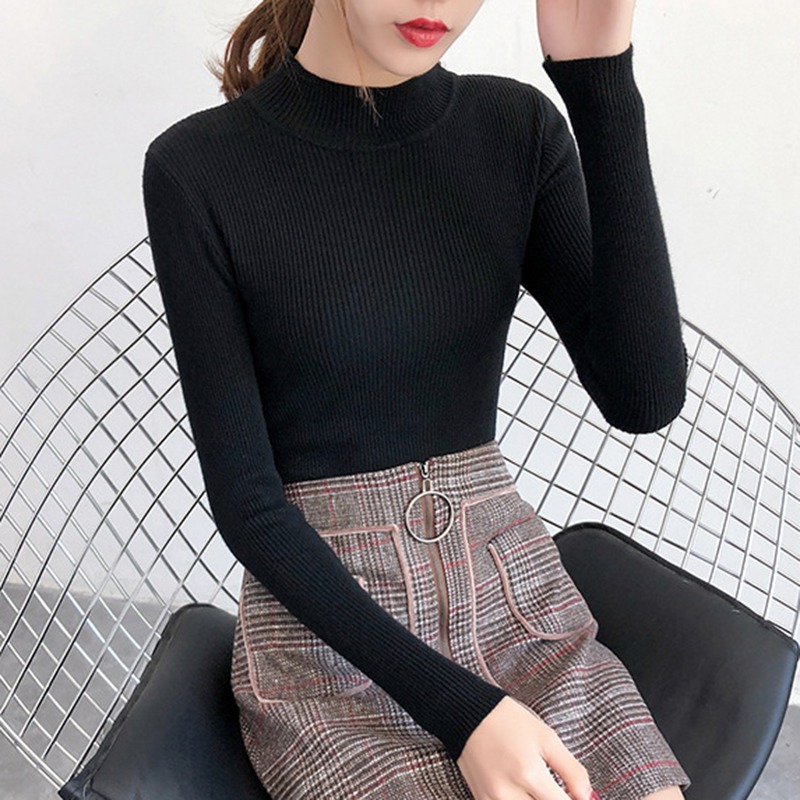 

*Women Solid Color Knitted Long-Sleeve Bottoming Tops Ladies Turtleneck Warm Autumn Round Collar Slim Color Casual 8 colors, Gray