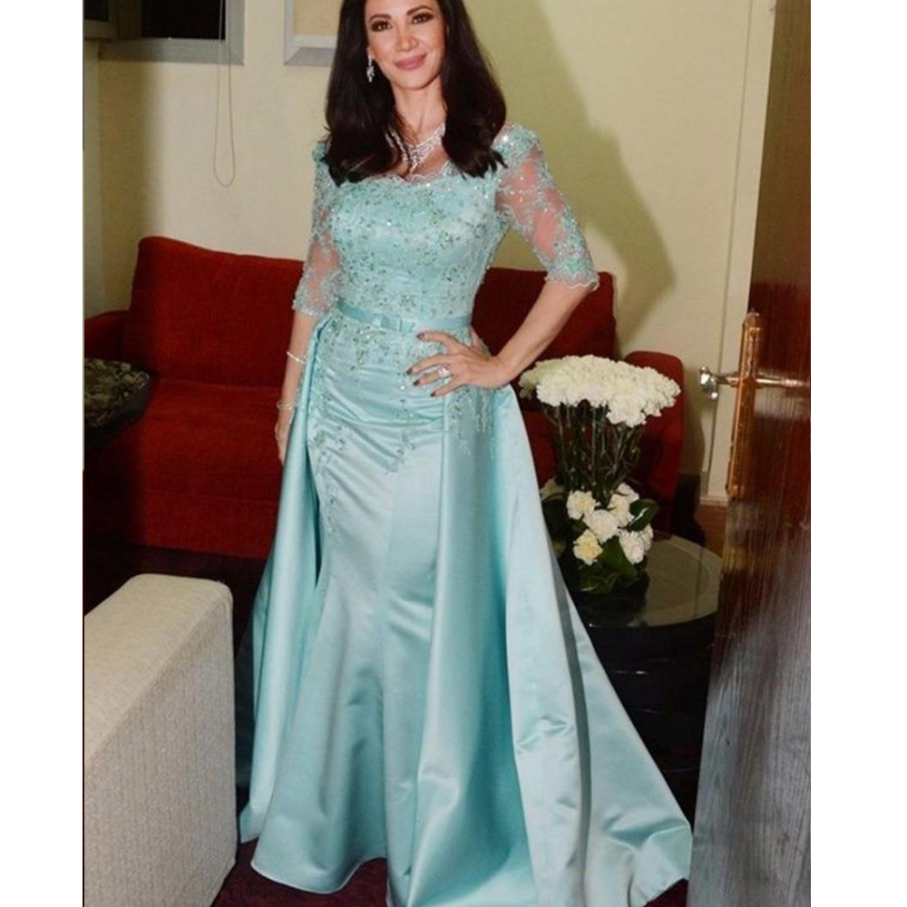 

2020 Mother of Bride Dresses scoop stain bow belt half Sleeves applique Lace Beaded For Wedding Formal Party gowns vestidos de fiesta