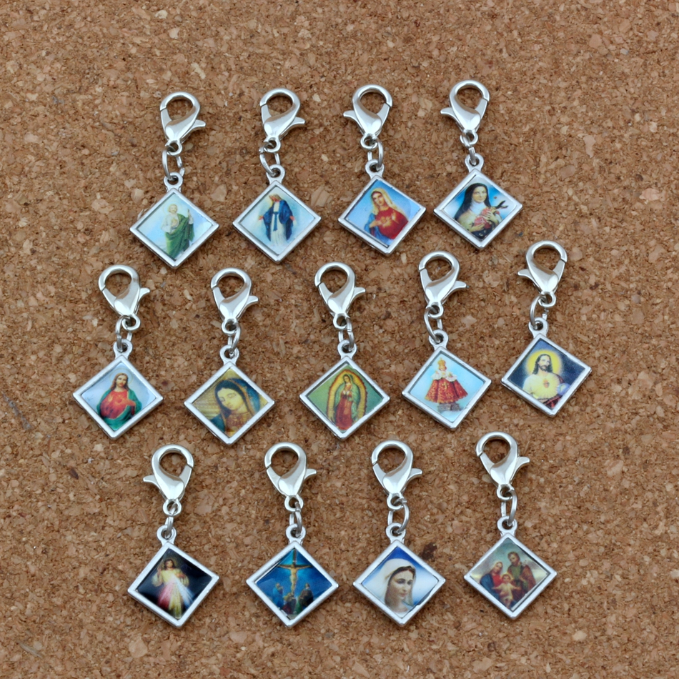 

100pcs/lots Mixed Enamel square Jesus Christ Icon Religious Charms Bead with Lobster clasp Fit Charm Bracelet DIY Jewelry 13.2x30mm A-380b