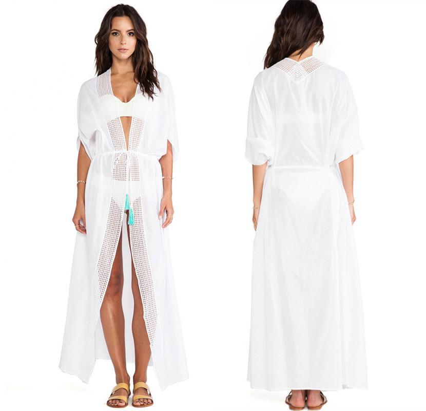 

2020 Bikini Cover-ups White Cotton Tunic Women Plus Size Beach Wear Elegant Long Kimono Cardigan Sarongs Swimsuit Cover Up