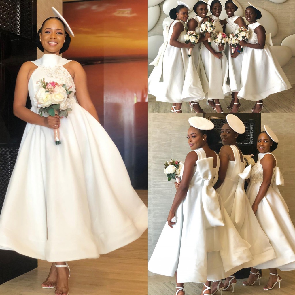 

African Halter Satin A Line Short Bridesmaid Dresses 2020 Lace Applique Bow Sash Maid Of Honor Dress Wedding Guest Plus Size Dresses BM1901