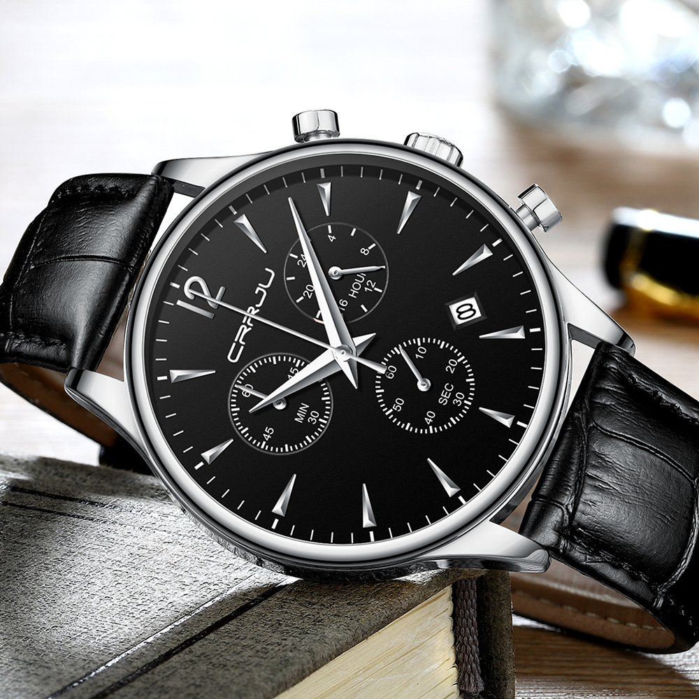 

Mens Watches CRRJU Luxury Casual Waterproof Watch for Man Sport Quartz Leather Strap Men's Auto Date Watch Relogio Masculino, Slivery;brown