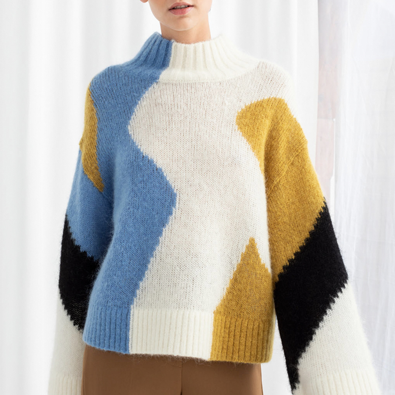 

Women Sweater 2019 Fall Winter New Wool Blend Contrast Wide Sleeve Sweater, Color matching