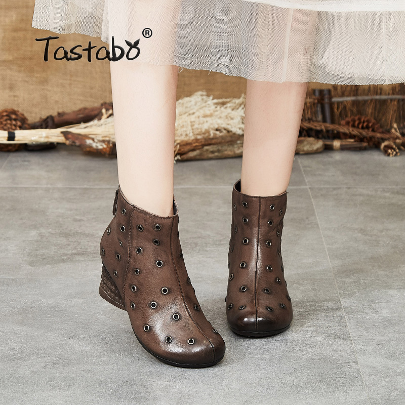 

Tastabo Genuine Leather high heel women's boots Vintage style Comfort Women's shoes Wear-resistant non-slip S99815 Brown Gray