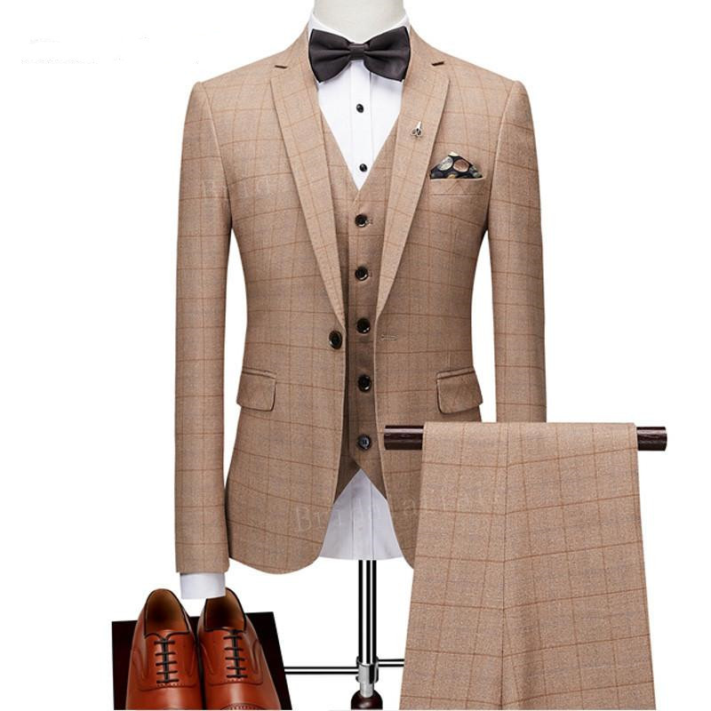 

Fashion Mens Suits 3 Pieces Prom Wedding Dress Formal Slim Fit Plaid Men Suit Set Groom Tuxedo 2018 (Jacket+Pants+Vest) terno, Beige