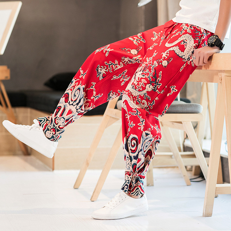 

Print Pants Kimono Pants Men Japan Style Casual Thin Trousers Asian Clothing Handmade Plate Buttons Trousers, Red