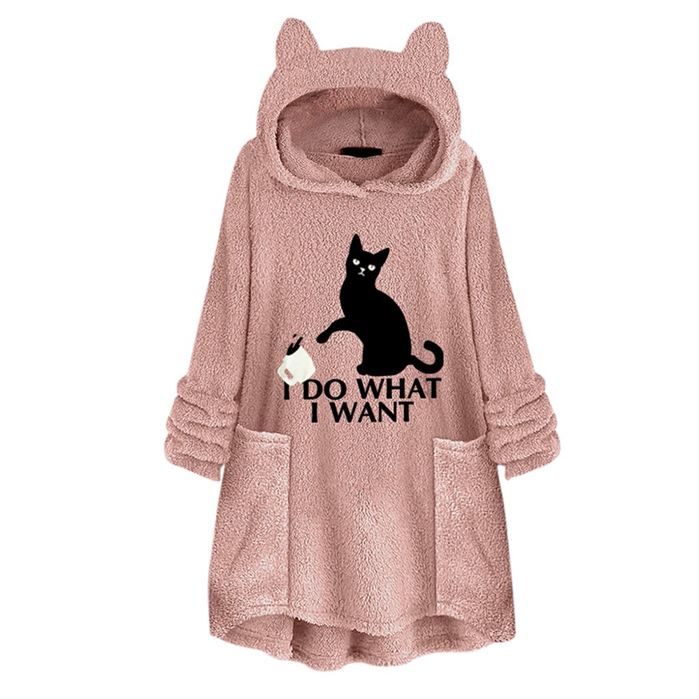 

Cat Graphic Winter Women Hoodies Casual Cotton Double Sided Plush Warm Fuzzy Sweatshirt Long Sleeve Pullover Hoodies Tops Loose, Khaki