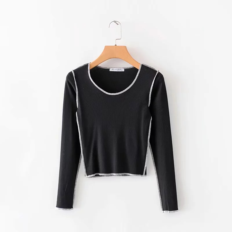 

European and American style 2020 autumn new women' fashion versatile slim short long sleeve knitting open line bottoming shirt, Black