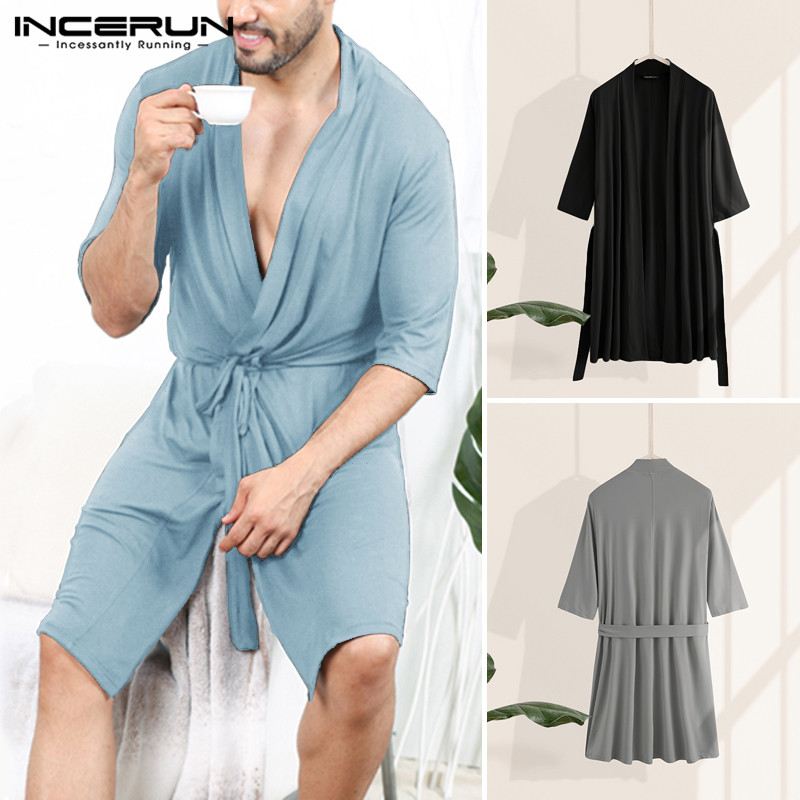 

INCERUN Men Robes Half Sleeve V Neck Sleepwear Casual Solid Color Pajamas Unisex Couple Bathrobe Loose Summer Comfortable Kimono, Black