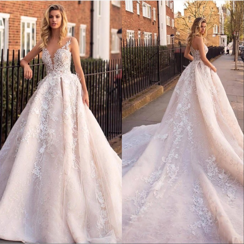 

Wedding Dresses Bridal Gowns 2020 Romantic Lace Applique Sexy Illusion Back Sleeveless Wedding robe de mariee, Custom made from color chart