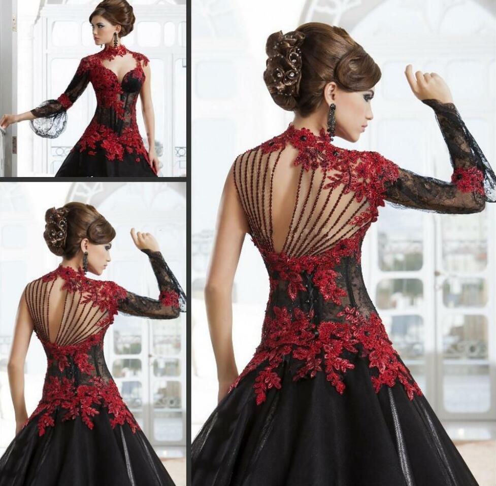 

Victorian Gothic Masquerade Wedding Dresses High Neck Red and Black A-Line Lace Appliques Gothic Bridal Dresses Beading Back Wedding Gowns, White
