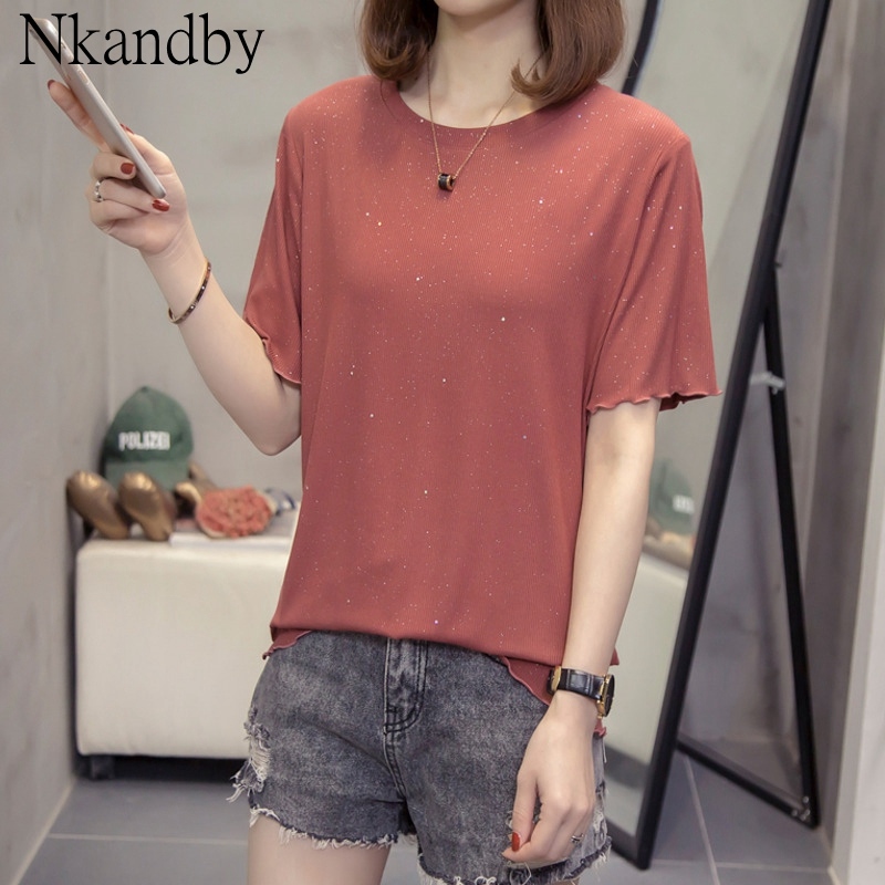 

Plus Size Shining Tops T Shirts Women 2020 Summer Novelty Loose Short Sleeve T-shirt Female Oversized Korean Style Basic Tshirt, Black