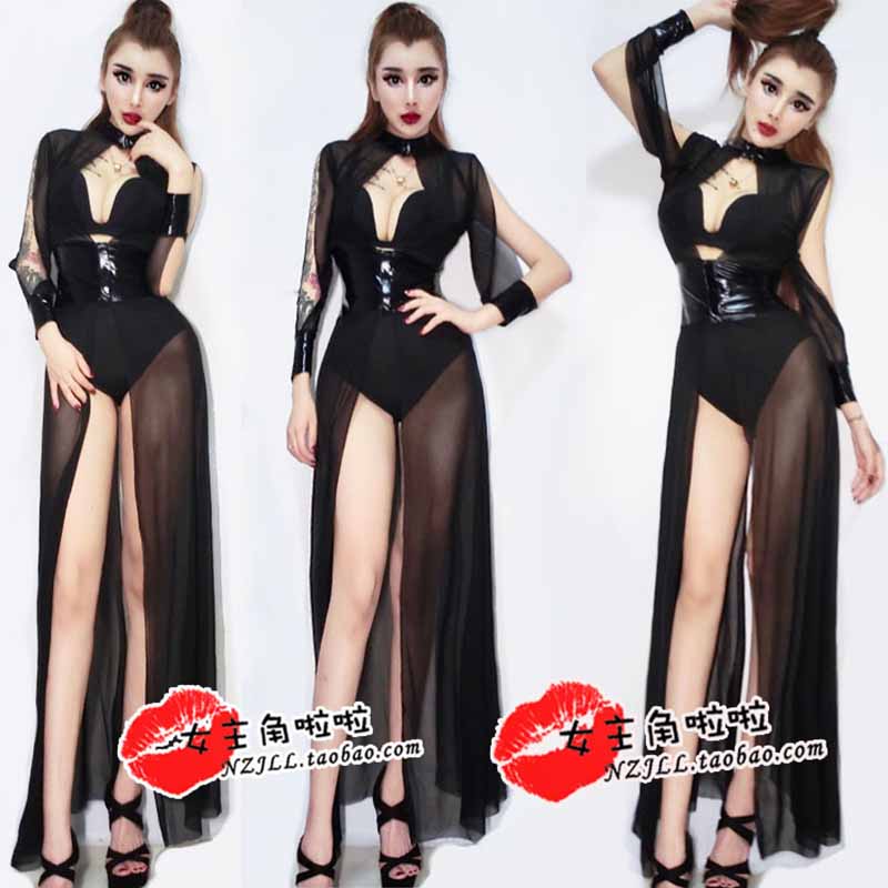 

Nightclub Bar Female Singer DS Costumes Stage Performance Costume Jazz Dance Black Openwork Yarn Long Skirt Plus Shorts DQ11274, Long skirt and short