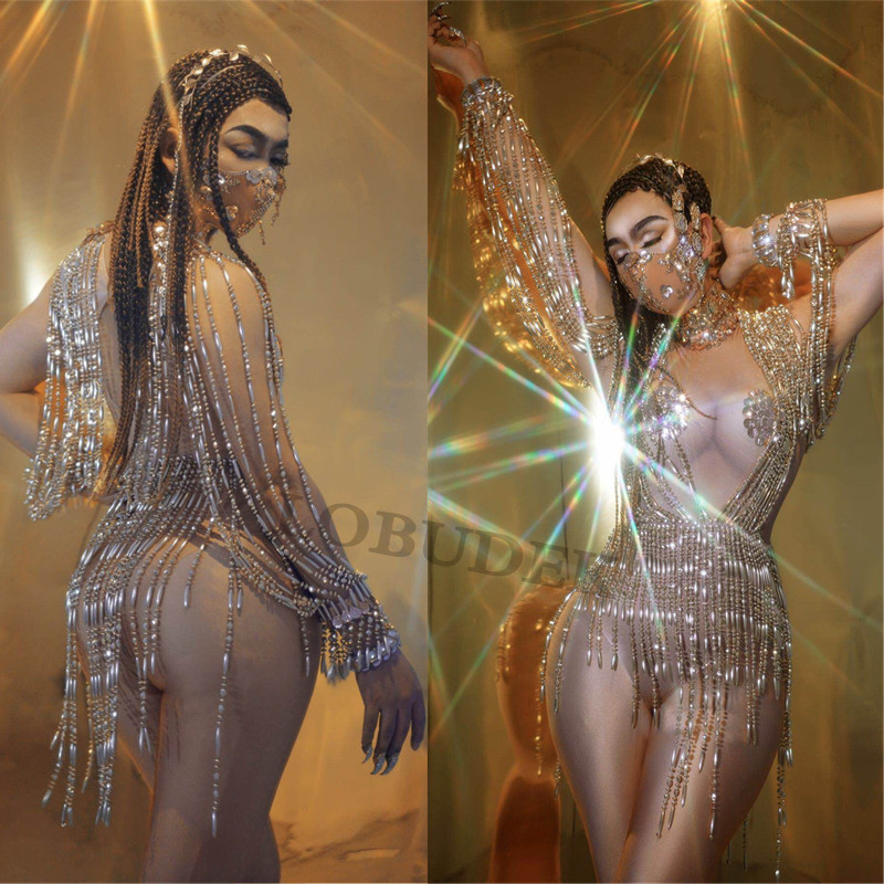 

Bar Nightclub Sexy Stage Wear Shiny Rhinestones Pearls Tassels Bodysuit Women DJ Singer Pole Dancing Performance Leotard Costume, Only bodysuit