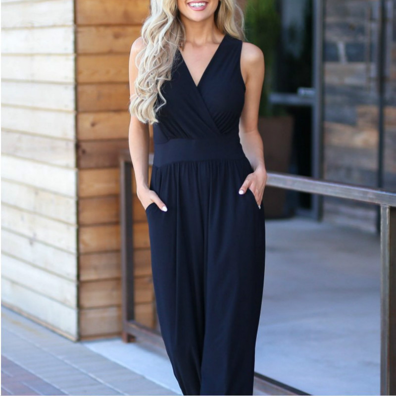 

2020 Jumpsuit New Elegant 2 Colors Solid Work Wear Casual Romper Ladies Leisure Overalls V Neck Sleeveless Loose Jumpsuit, Black