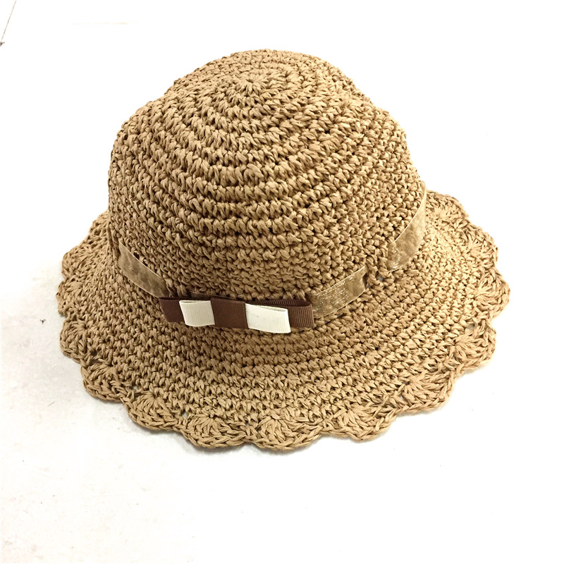 

Kids Straw Hat Beach Foldable Paper Boater Hats Children Little Girls Bow Band Dark Natural Summer Handmade Floppy Straw Hat