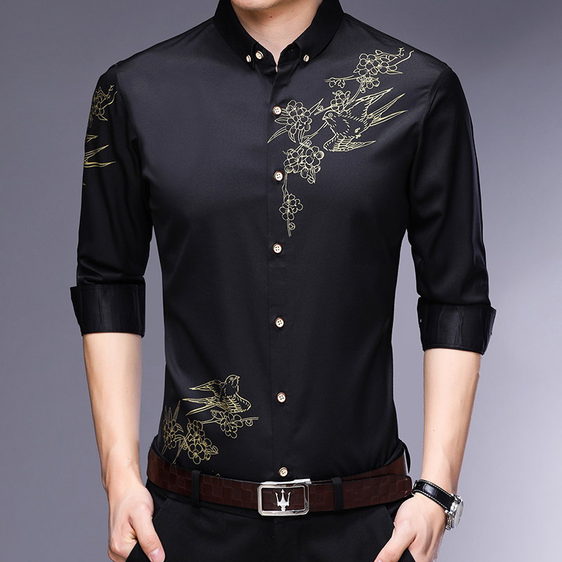 

New Spring Long Sleeve Men Shirt Button Lapel Casual Shirts Slim Fit Flower Print Camisa Masculina Streetwear E038, Black