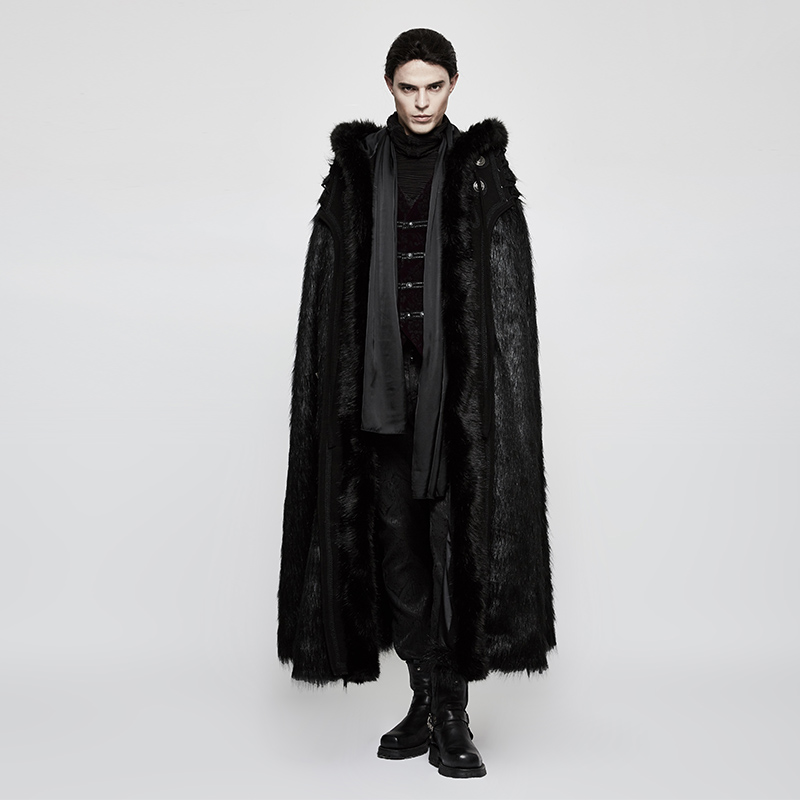 

PUNK RAVE Men's Gothic Witch Long Fur Cloak Wool-Grass Bat-Shaped Party Stage Performace Winter Warm Capes, Black