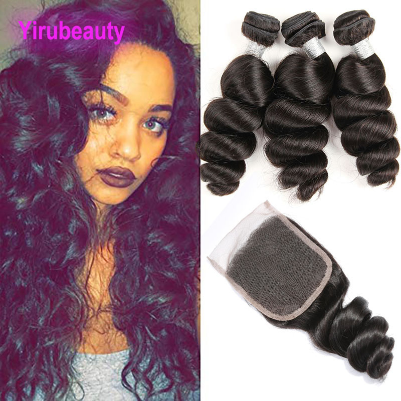 

Peruvian Human Hair Natural Color 95-100g/piece 3 Bundles With 4X4 Lace Closure Loose Wave Peruvian Hair Wefts With Closure