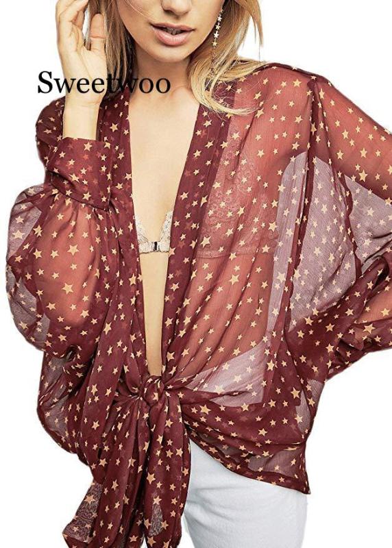 

SWEETWOO Women Sexy Lace Up Bow Print Cardigan Casual Chiffon Beach Sunscreen