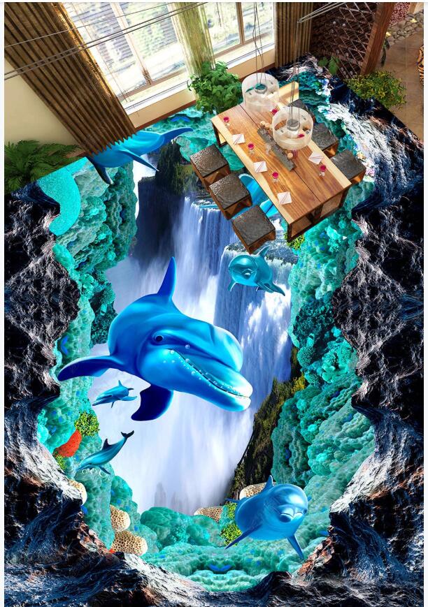 

3d pvc flooring custom photo Waterproof Self-adhesive floor Ocean waterfall lotus dolphin room home decor Vinyl wallpaper for walls 3 d, Blue