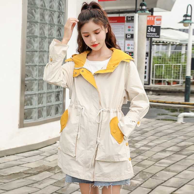 

Spring Autumn Trench Coat Women Hooded Single Breasted Windbreaker Women Overcoat Casual Ladies Coats Student Loose Outwear H201, Photo color