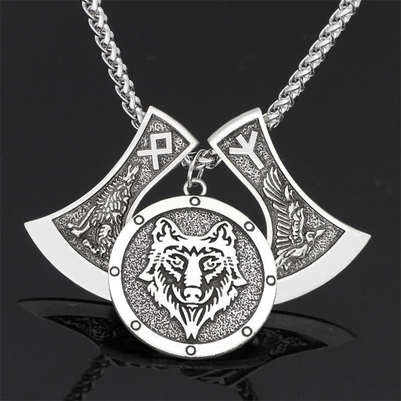 

Pendant Necklaces Men's Viking Wolf Head Axe Amulet Necklace Raven Rune Long Neck Chain National Jewelry Boyfriend Gift