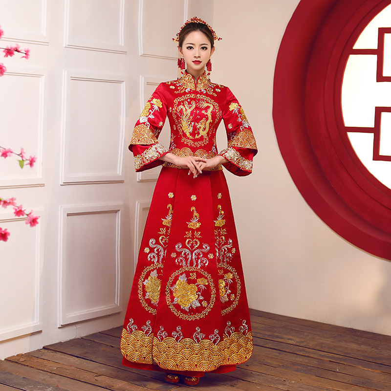 

Chinese Traditional Ancient Wedding Party Dress Chinese Womens Overseas Style Bride Embroidery Cheongsam