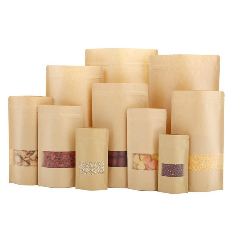 

Kraft Paper Bag Zipper Stand Up Food Pouches with Transparent Window Reusable Bags for Coffee Tea