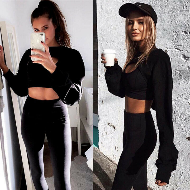 

Women' Hoodies & Sweatshirts 2021 Fashion Women Irregular Long Sleeve Round Neck Short Weatshirts Crop Tops Casual Womens Loose Sweatshirt, Black