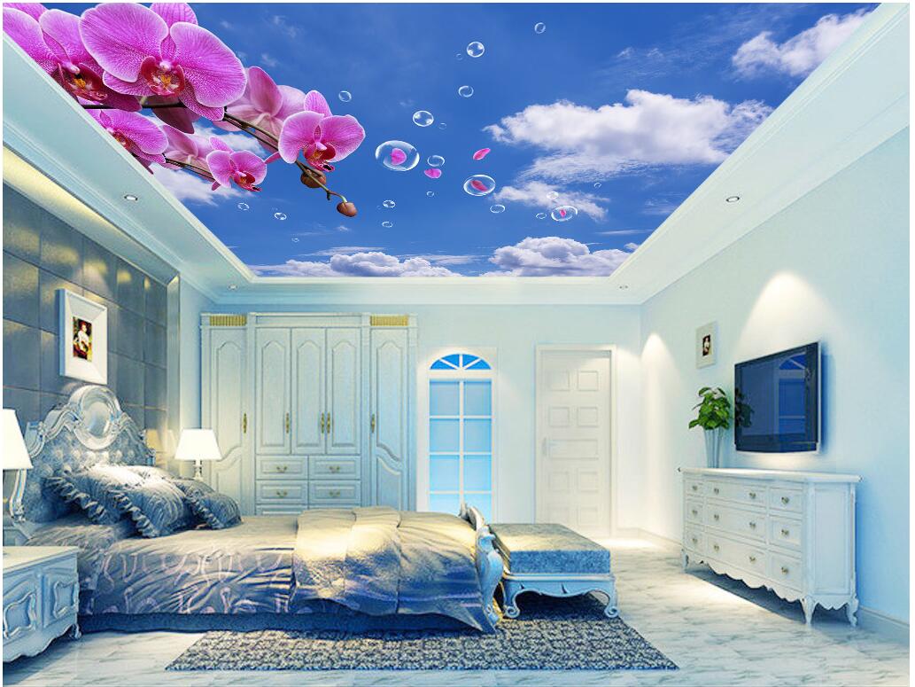 

WDBH 3d ceiling mural wallpaper custom photo Dreamy blue sky orchid cloud flower room home decor 3d wall murals wallpaper for walls 3 d, Non-woven