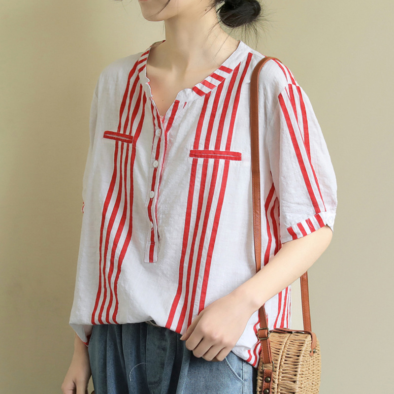 

Loose literary short-sleeved shirt summer new v-neck stripes wild casual breathable cotton and linen jacket women, Blue