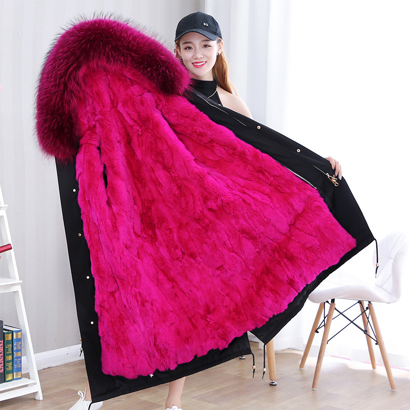 

2018 New Winter Fur Coat Fox Fur Women Warm Coat Thick Jacket Parka Real Fox Collar Hooded Female Outwear PC014, Red