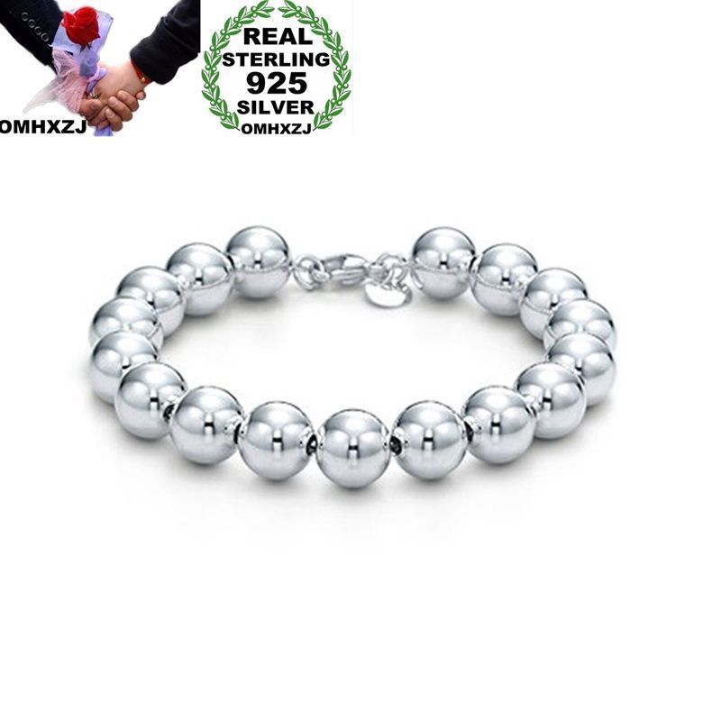 

OMHXZJ Wholesale Personality Fashion Woman Girl Party Gift Silver 10mm Hollow Beads Chain 925 Sterling Silver Bracelet BR07, Black