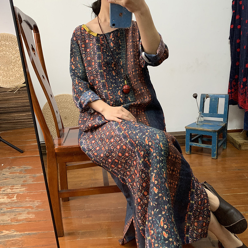 

Original upscale dark flower pure ramie gown dress loose long retro linen women' dress spring and summer thin, Clear