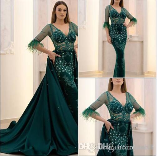 

Mermaid Green Elegant Evening Formal Dresses 2018 Short Sleeves Elie Saab Long Prom Dresses South Africa Detachable Skirt With Feathers, Silver