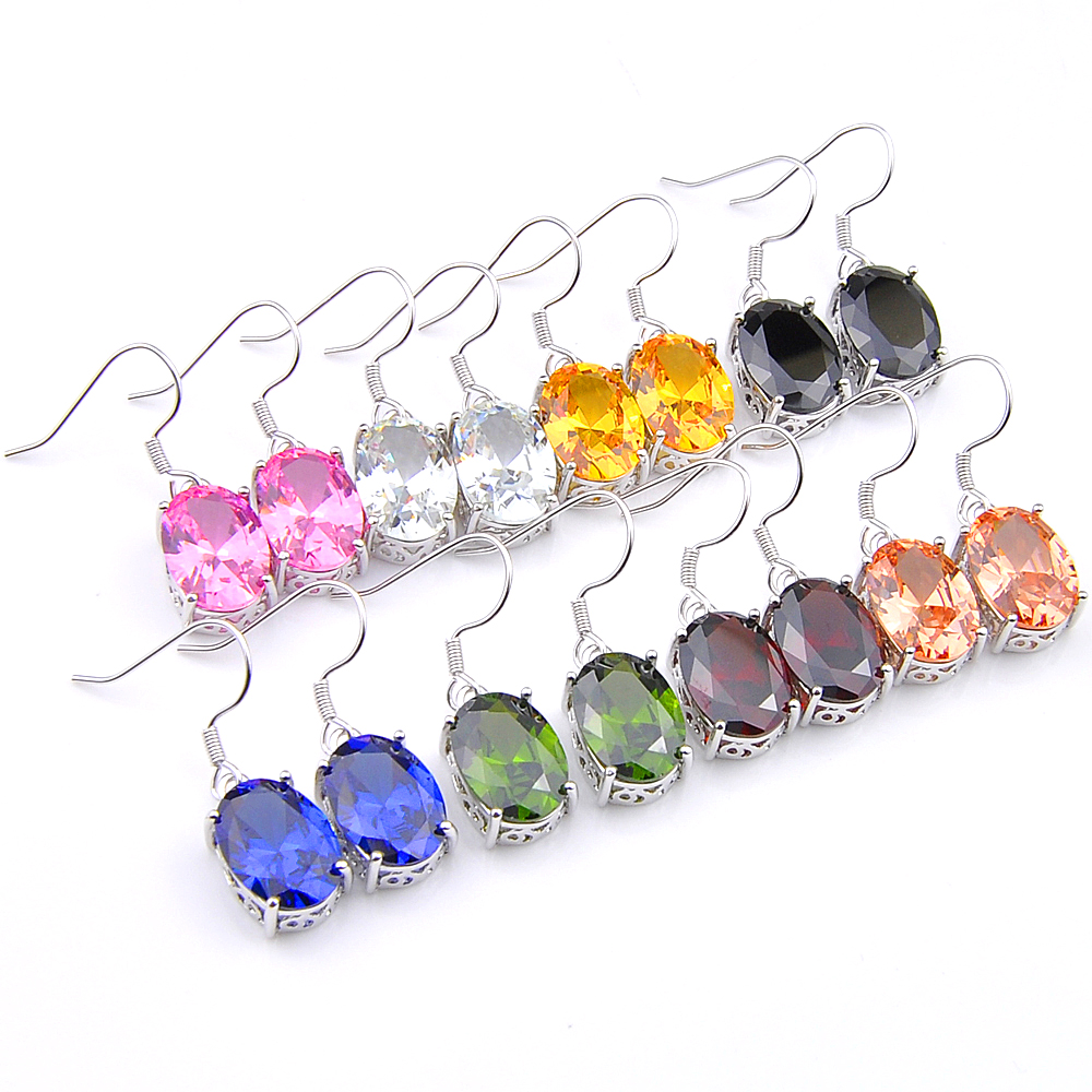 

Wholesale12 Pair Luckyshine Woman Vintage Fashion Jewelry Morganite Peridot Garnet Gems Silver Oval Cz Zircon Dangle Earring Brand NEW