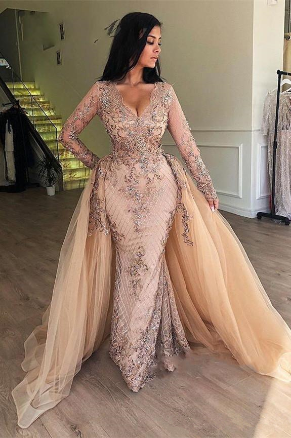 

Arabic Champagne Sequin Mermaid Evening Dresses with Detachable Skirt V-Neck Dubai Women Formal Prom Dresses Long Sleeves robe de soiree, Lavender