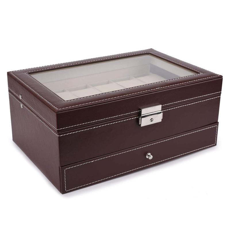 Hot 12 Slots Watch Box Mens Watch Organizer Pu Leather Case With Jewelry Drawer For Storage And Display Brown-image-533824671